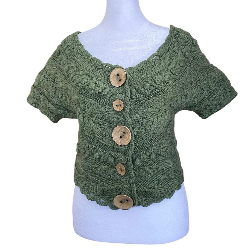 Anthropologie Cable Knit Chunky Wool Green Crop Cardigan Small Earthy Goblincore